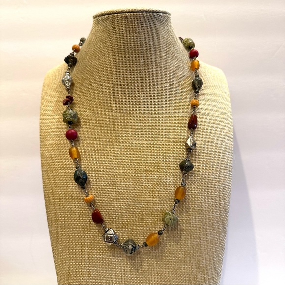 Multi-color Boho Genuine Gemstone & Glass beaded Necklace red, green, yellow - Picture 2 of 11